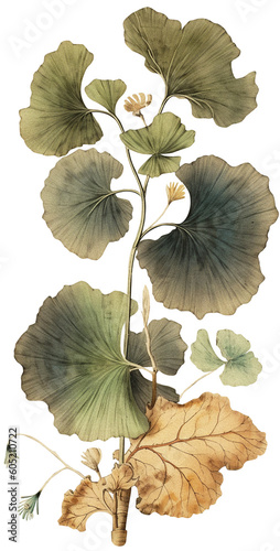 Ginkgo Biloba isolated on transparent background, old botanical illustration