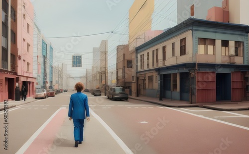 a person in a blue suit walking down a street - Generative AI