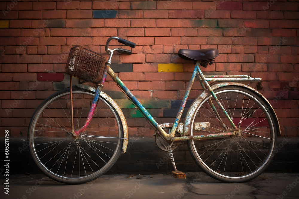  vintage bicycle, colorful brick wall, urban charm, city lifestyle, bicycle, urban, street, retro, lifestyle, brick wall