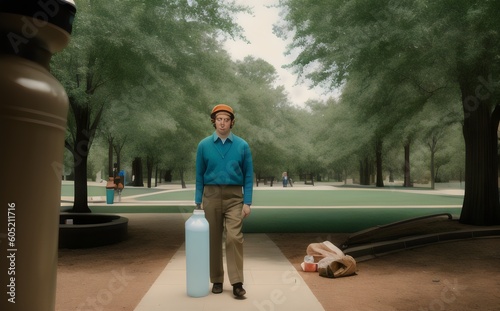 a man walking down a sidewalk with a water bottle - Generative AI