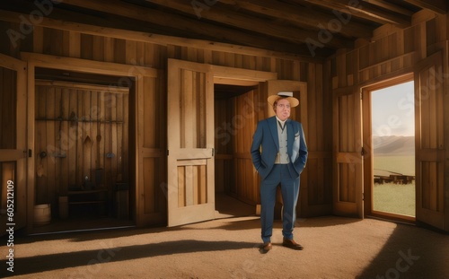 a man in a suit standing in an old wooden room - Generative AI