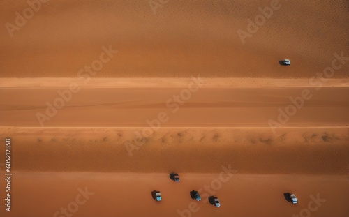 aerial view of cars on a sandy road - Generative AI