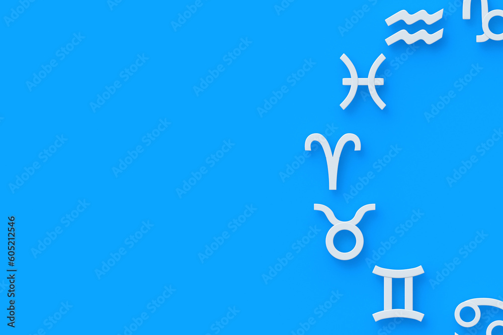 Group of astrological signs. Metallic golden zodiac symbol. Horoscope and numerology. Astrological calendar. Top view. Copy space. 3d render Group of astrological signs. Metallic golden zodiac symbol. Horoscope and numerology. Astrological calendar. Top view. Copy space. 3d render