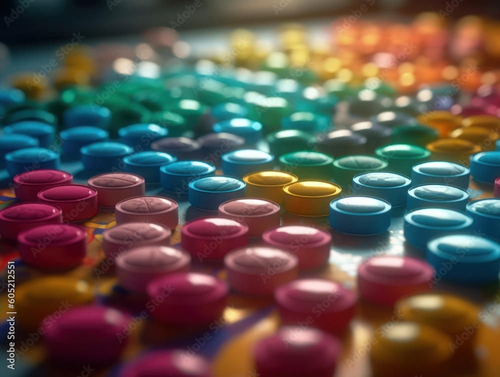 Many colorful pills on a dark background Geometric composition Created with Generative AI technology Many colorful pills on a dark background Geometric composition Created with Generative AI technology