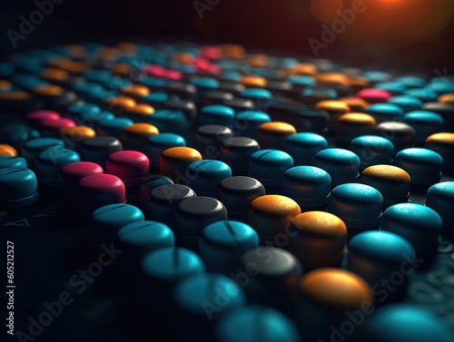 Many colorful pills on a dark background Geometric composition Created with Generative AI technology