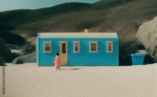 a girl standing in front of a blue house - Generative AI
