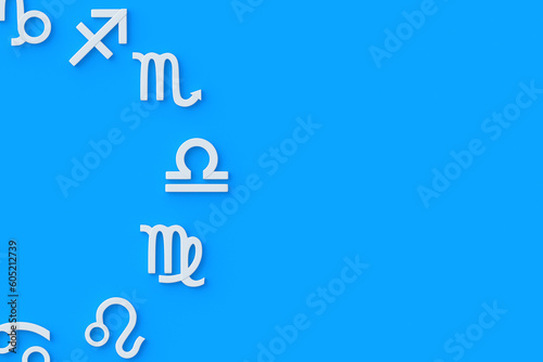 Astrological signs on blue background. Metallic golden zodiac symbol. Horoscope and numerology. Astrological calendar. Top view. Copy space. 3d render