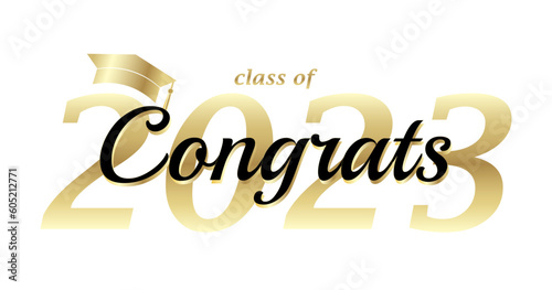 Congratulations graduates class of 2023, black text, gold, graduation cap, isolated white background, banner, graduation card. Vector illustration
