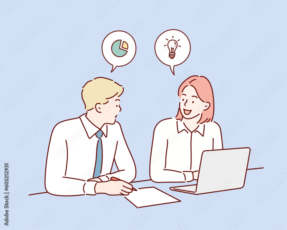 man and woman discussing work . Hand drawn style vector design illustrations. man and woman discussing work . Hand drawn style vector design illustrations.