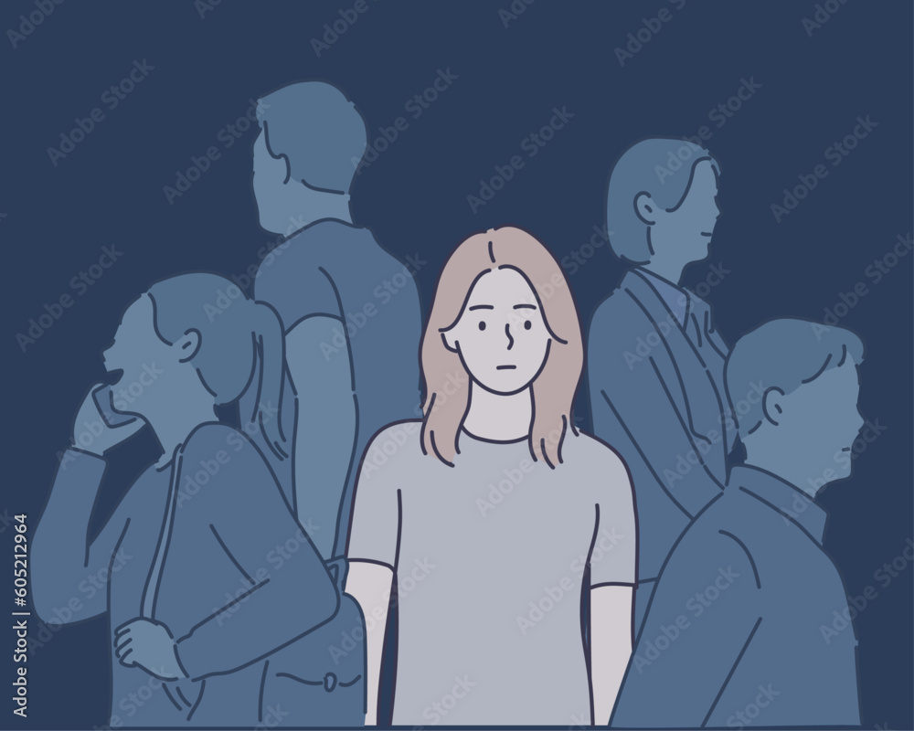 Depressive crowd. Sad teen girl behind parties people, social depression, mental burnout and anxiety face. Hand drawn style vector design illustrations. Depressive crowd. Sad teen girl behind parties people, social depression, mental burnout and anxiety face. Hand drawn style vector design illustrations.