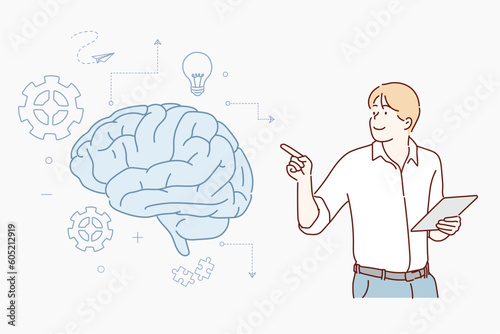 Man talking about the brain. Hand drawn style vector design illustrations.