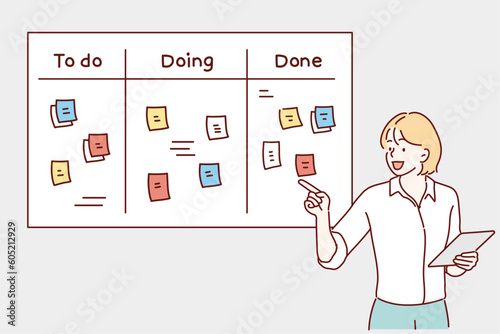 business woman hand writing with colored sheets sticky note paper on white board background in home office. To do, doing, done. Hand drawn style vector design illustrations.