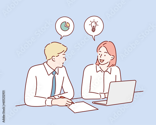 man and woman discussing work . Hand drawn style vector design illustrations.
