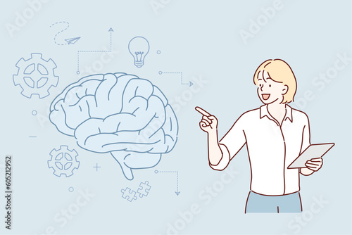 Woman talking about the brain. Hand drawn style vector design illustrations.