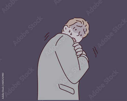 man covering his mouth with his hands and round eyes experiencing deep amazement and fear. Hand drawn style vector design illustrations.