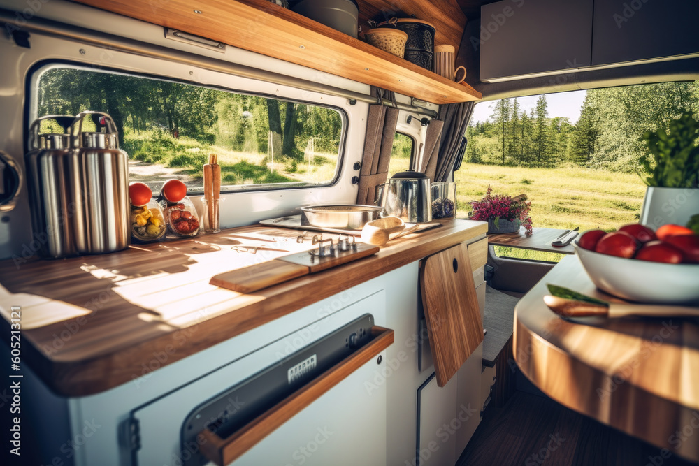Composition of a camper van kitchen in knolling style. Van life.  - obrazy, fototapety, plakaty 