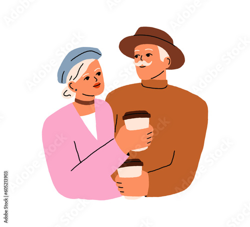 Senior love couple with coffee cups on date. Modern elderly man and woman, old husband and wife in romantic relationship. Mature family, spouses. Flat vector illustration isolated on white background