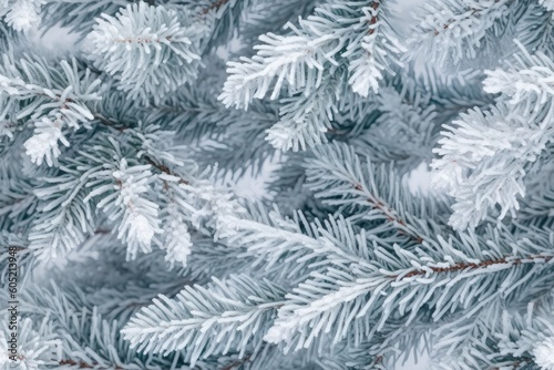 Beautiful seamless pattern with frozen snow covered fir tree branches, coniferous forest endless texture. Evergreen nature background. Christmas or new year backdrop. AI generative image.