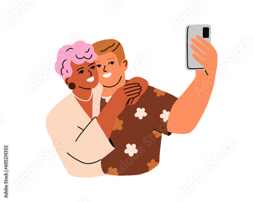 Couple taking selfie, self portrait photo with mobile phone camera. Happy woman and man smiling together, holding smartphone for photograph. Flat vector illustration isolated on white background