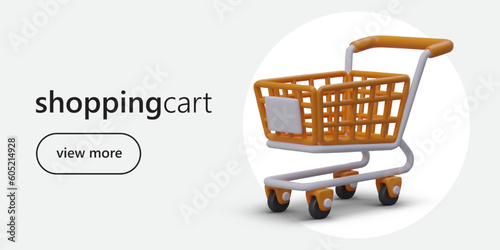Web page with cartoon realistic 3d shopping cart. Promotion banner for supermarket. Online and offline shopping concept. Vector flat illustration in warm colors