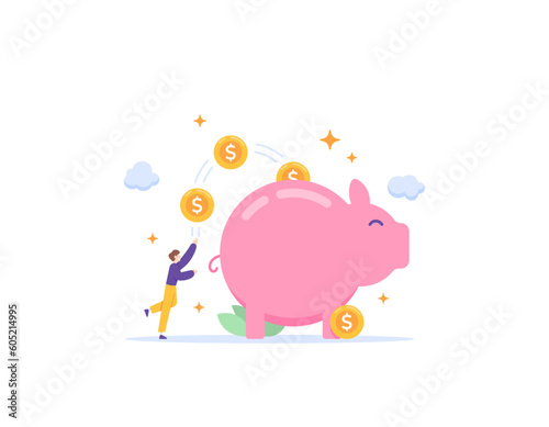 saving money. future investment. top up the bank or account balance. old age savings. a businessman throws his money to be deposited into a piggy bank. illustration concept design. vector elements