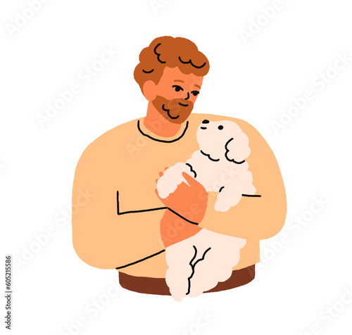 Man holding cute puppy. Happy pet owner and adorable little dog looking at each other. Person caring about companion doggy, pup, canine animal. Flat vector illustration isolated on white background