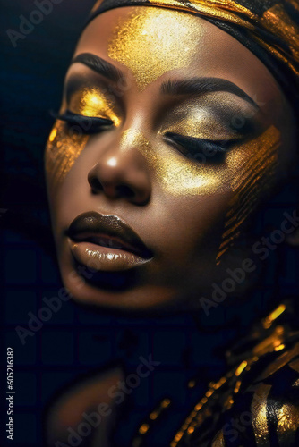 Illustration of a beautiful young black woman artistically decorated with gold paint and elements. Created with Generative AI technology.