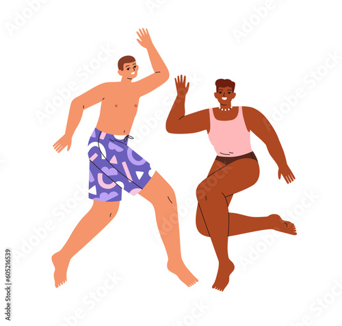 Happy men friends in swimwear, jumping up, greeting summer holiday with hi gesture. Smiling guys couple in beach trunks, rejoicing vacation. Flat vector illustration isolated on white background