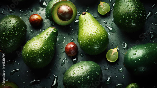Fresh ripe avocados with water drops background. Fruits backdrop. Generative AI