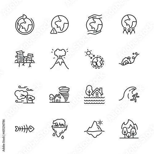 Set of climate change icons, Global warming effect , earthquake, flooding, extreme temperature, ice melting. vector illustration