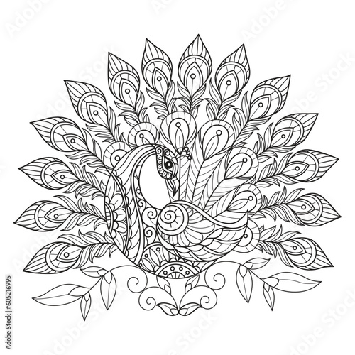 Cute peacock hand drawn for adult coloring book