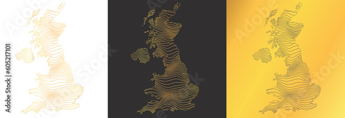 set of 3 abstract maps of UK - vector illustration of striped gold colored map