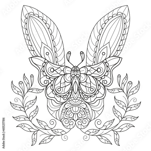 Rabbit and butterfly hand drawn for adult coloring book