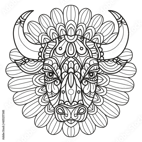 Red bull and flowers hand drawn for adult coloring book