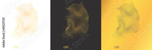 set of 3 abstract maps of South Korea - vector illustration of striped gold colored map