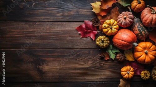 Thanksgiving day design of a collection of pumpkins and other vegetables on brown wood table background top view