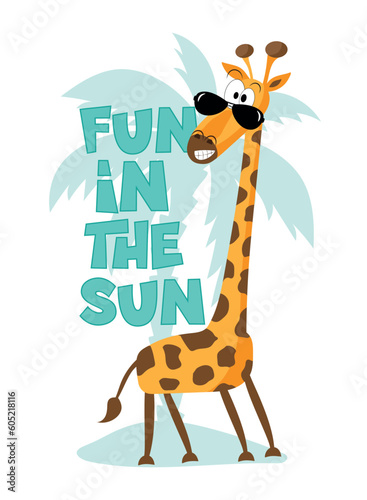 Fun in the sun - funny giraffe in island. Happy Summer decoration. good for baby clothes, poster, card, label, cover and other.