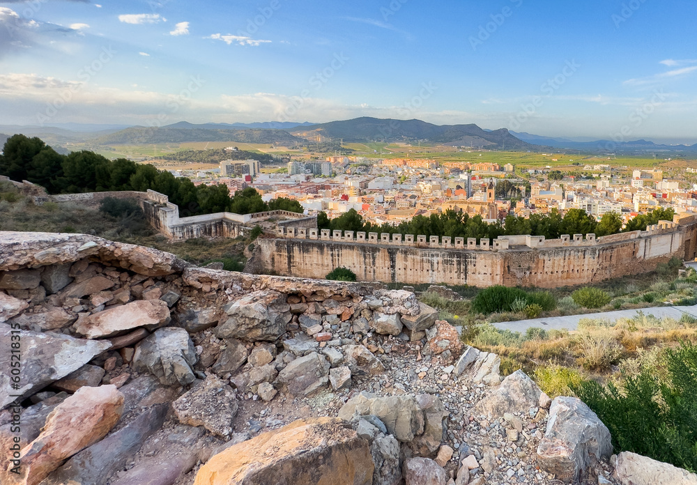 View of Sagunto Castle. Ruins walls of the Fortress Castle at the town of Sagunto, near Valencia in Spain.  Fortress Castillo in Mountains hills. Fort on mountain.