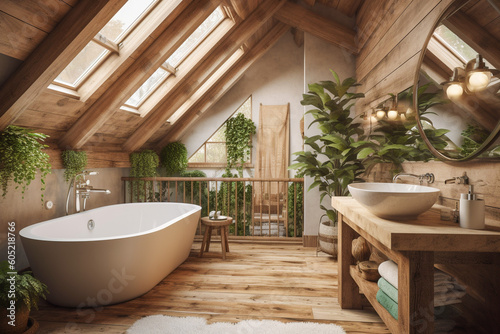 Modern cozy wooden bathroom  eco interior design with beige colors and plants. Super photo realistic background  generative ai illustration