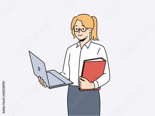 Smiling businessman with laptop and folder. Happy female employee in glasses standing busy with computer. Education and business. Vector illustration. 