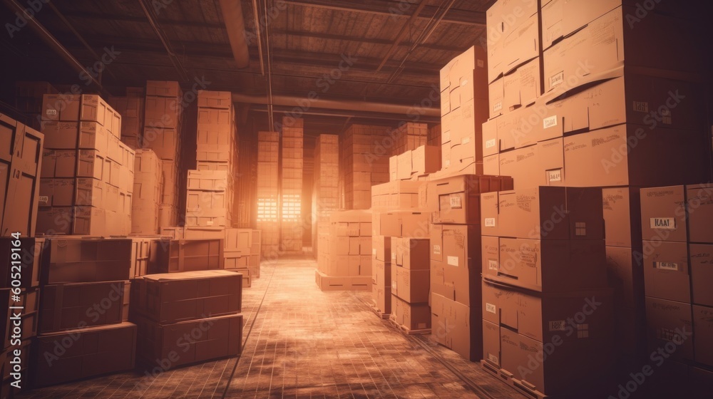 Large warehouse interior, filled with stacked cardboard boxes, ready for shipment. Indicates storage and logistics. Created by AI. Large warehouse interior, filled with stacked cardboard boxes, ready for shipment. Indicates storage and logistics. Created by AI.