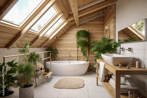 Modern cozy wooden bathroom, eco interior design with beige colors and plants. Super photo realistic background, generative ai illustration