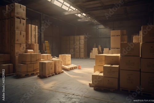 Inside view of warehouse, cardboard boxes stacked high, awaiting shipment. Symbolizes storage and logistics operations. Created by AI.