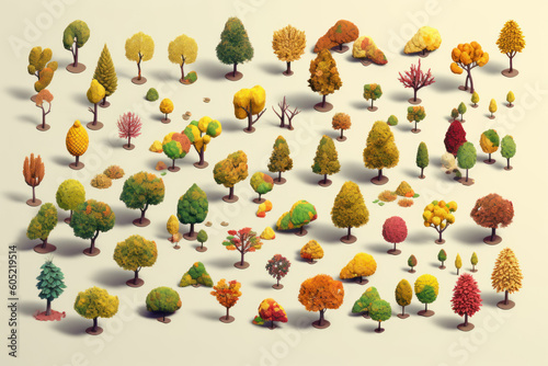 Miscellaneous mix of plants, and houses each isometrically illustrated in a visually engaging game-like style. Generative AI illustration.