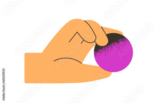 Hand holding circle, simple round geometric shape. Fingers squeezing ball, cycle figure. Showing element, detail. Business, education concept. Flat vector illustration isolated on white background