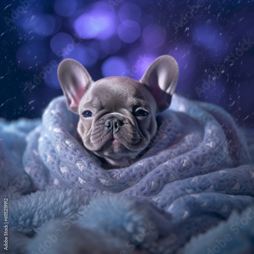 French Bulldog puppy wrapped in a blanket