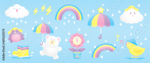cute kawaii illustration graphic element vector set in rainy day concept for decoration your artwork