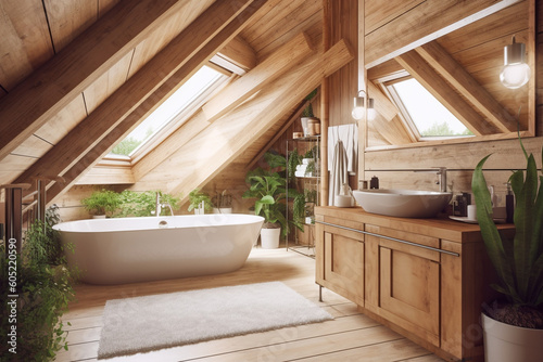 Modern cozy wooden bathroom  eco interior design with beige colors and plants. Super photo realistic background  generative ai illustration
