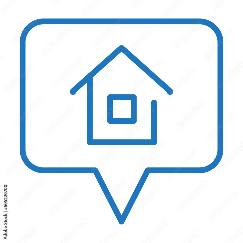 Home message vector icon. Speech bubble with house simple symbol, logo illustration.