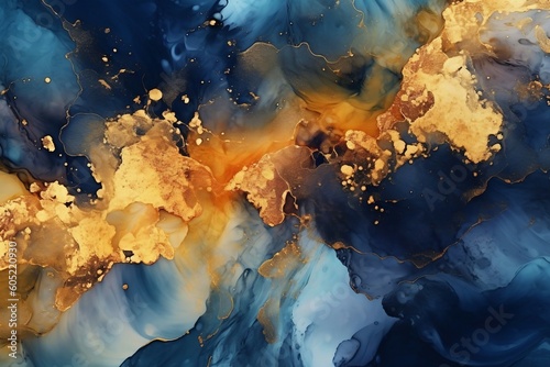 アルコールインクアート風の抽象背景。ダークブルーの流動体に金色の装飾。AI生成画像